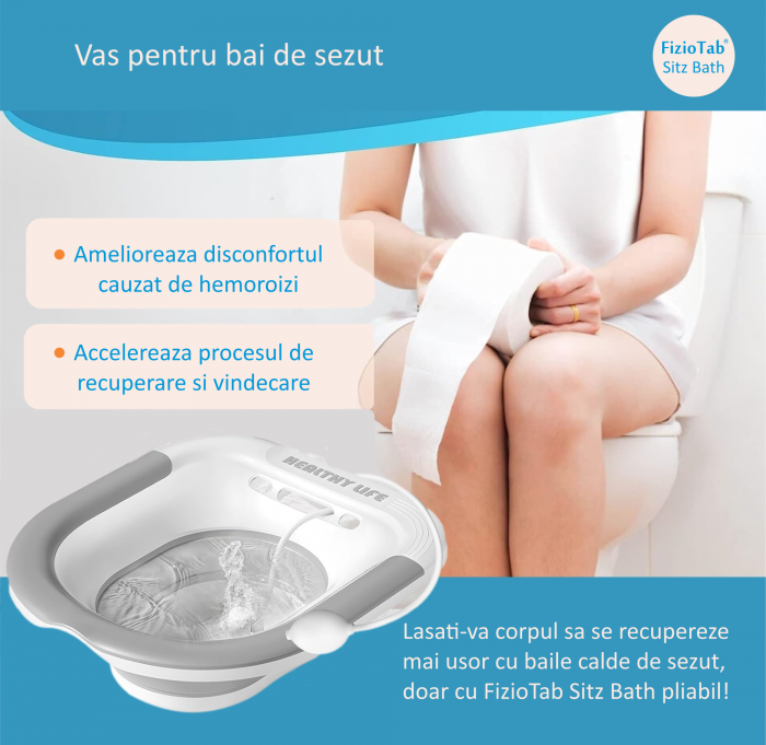 Vas FizioTab® Sitz Bath Pliabil, pentru Baie de Sezut, tip Lighean pentru Wc, Asigura Igiena Locala si Ameliorarea Simptomelor Provocate de Hemoroizi, Carlig si Saculet Depozitare Incluse, Alb/Gri cu [2]