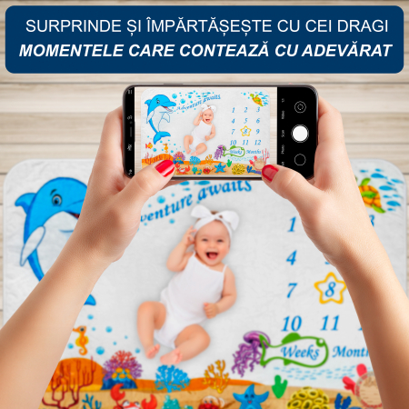 Paturica Aniversara FizioTab® Milestone, Fina si Pufoasa pentru Fotografii Memorabile Bebelusi, 100x150 cm, Chenare Selectare Varsta si Card din Lemn, Delfin [1]