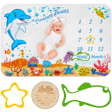 Paturici - Paturica Aniversara FizioTab® Milestone, Fina si Pufoasa pentru Fotografii Memorabile Bebelusi, 100x150 cm, Chenare Selectare Varsta si Card din Lemn, Delfin
