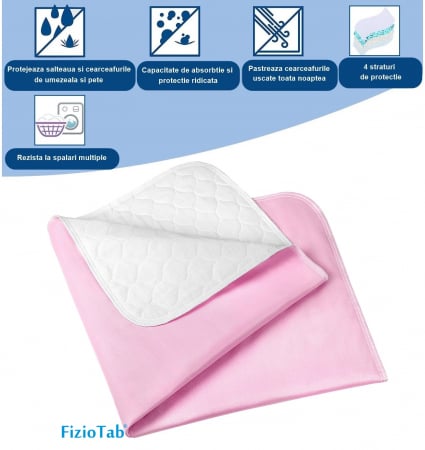 Aleza Impermeabila FizioTab®, Protectie Saltea Lavabila si Reutilizabila pentru Adulti si Copii, 90 x 85 cm, Roz/Alb [5]