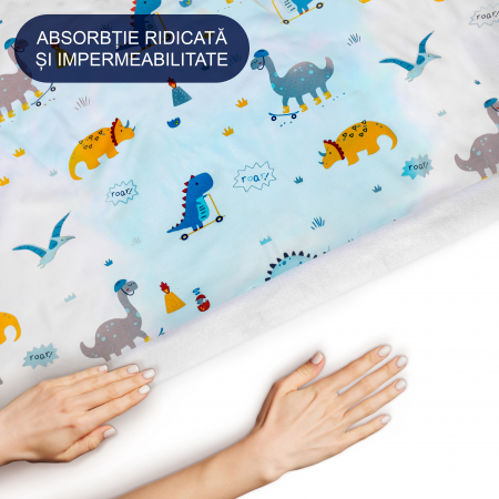 Aleza impermeabila mare pentru copii, FizioTab®, 80x100 cm, absorbanta si lavabila, refolosibila, tip paturica, pentru schimbat scutecul bebelusului, Dinozauri [5]