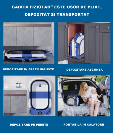 Cadita Bebelusi Pliabila cu Pernuta Ergonomica si Salteluta FizioTab®, Termometru Digital si Dop de Scurgere Incorporat, Canita pentru Clatire, Suport Sapun si Cap de Dus, Agatatoare, Albastru Inchis [2]