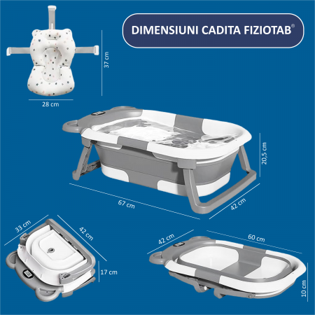Cadita Bebelusi Pliabila cu Pernuta Ergonomica si Salteluta FizioTab®, Termometru Digital si Dop de Scurgere Incorporat, Canita pentru Clatire, Suport Sapun si Cap de Dus, Agatatoare, Gri [9]