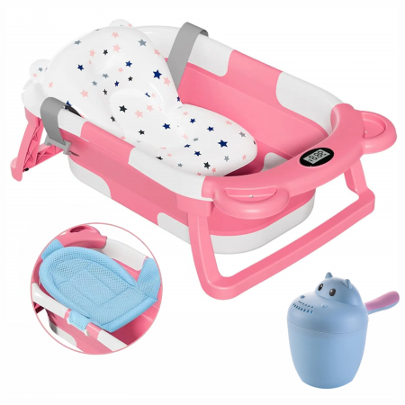Cadite baie - Cadita Bebelusi Pliabila cu Pernuta Ergonomica si Salteluta FizioTab®, Termometru Digital si Dop de Scurgere Incorporat, Canita pentru Clatire, Suport Sapun si Cap de Dus, Agatatoare, Roz