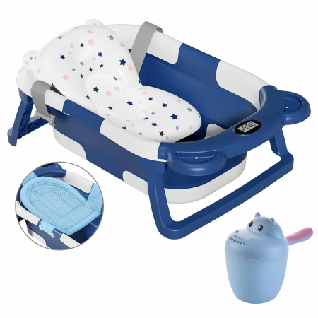 Cadite baie - Cadita Bebelusi Pliabila cu Pernuta Ergonomica si Salteluta FizioTab®, Termometru Digital si Dop de Scurgere Incorporat, Canita pentru Clatire, Suport Sapun si Cap de Dus, Agatatoare, Albastru Inchis