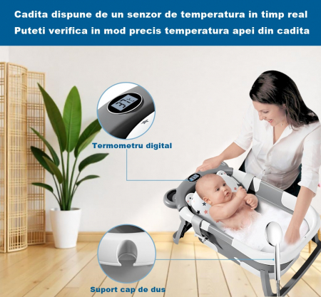 Cadita Bebelusi Pliabila cu Pernuta Ergonomica si Salteluta FizioTab®, Termometru Digital si Dop de Scurgere Incorporat, Canita pentru Clatire, Suport Sapun si Cap de Dus, Agatatoare, Gri [4]