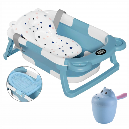 Cadite baie - Cadita Bebelusi Pliabila cu Pernuta Ergonomica si Salteluta FizioTab®, Termometru Digital si Dop de Scurgere Incorporat, Canita pentru Clatire, Suport Sapun si Cap de Dus, Agatatoare, Turcoaz