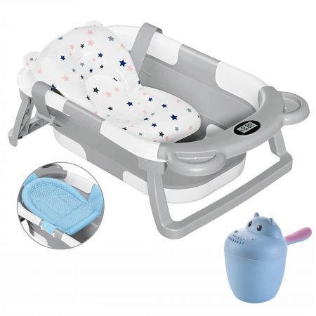 Cadite baie - Cadita Bebelusi Pliabila cu Pernuta Ergonomica si Salteluta FizioTab®, Termometru Digital si Dop de Scurgere Incorporat, Canita pentru Clatire, Suport Sapun si Cap de Dus, Agatatoare, Gri