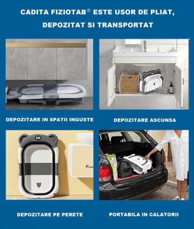 Cadita Bebelusi Pliabila cu Pernuta Ergonomica si Salteluta FizioTab®, Termometru Digital si Dop de Scurgere Incorporat, Canita pentru Clatire, Suport Sapun si Cap de Dus, Agatatoare, Gri [2]