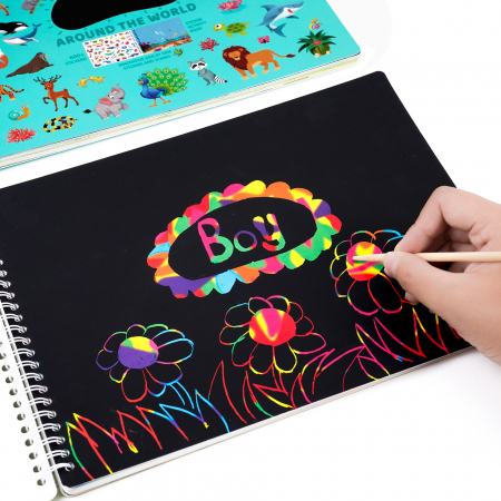 Carte Educativa pentru Copii FizioTab®, Tip Caiet cu Spirala, 600 + Stickere Reutilizabile, 13 Scene, 14 Pagini cu Imagini de Colorat si Desenat, Creioane Colorate Incluse, Habitatul Animalelor [3]