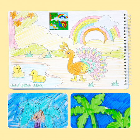 Carte Educativa pentru Copii FizioTab®, Tip Caiet cu Spirala, 600 + Stickere Reutilizabile, 13 Scene, 14 Pagini cu Imagini de Colorat si Desenat, Creioane Colorate Incluse, Habitatul Animalelor [13]