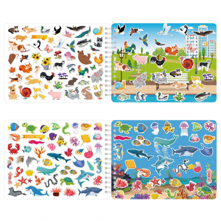 Carte Educativa pentru Copii FizioTab®, Tip Caiet cu Spirala, 600 + Stickere Reutilizabile, 13 Scene, 14 Pagini cu Imagini de Colorat si Desenat, Creioane Colorate Incluse, Habitatul Animalelor [6]