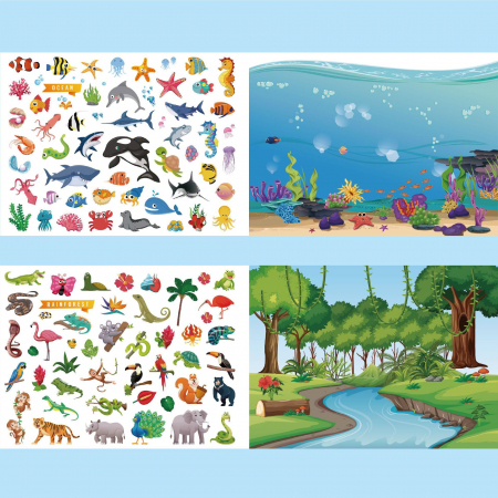 Carte Educativa pentru Copii FizioTab®, Tip Caiet cu Spirala, 600 + Stickere Reutilizabile, 13 Scene, 14 Pagini cu Imagini de Colorat si Desenat, Creioane Colorate Incluse, Habitatul Animalelor [11]