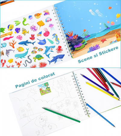 Carte Educativa pentru Copii FizioTab®, Tip Caiet cu Spirala, 600 + Stickere Reutilizabile, 13 Scene, 14 Pagini cu Imagini de Colorat si Desenat, Creioane Colorate Incluse, Habitatul Animalelor [4]