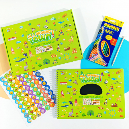 Carte Educativa pentru Copii FizioTab®, Tip Caiet cu Spirala, 600 + Stickere Reutilizabile, 13 Scene, 14 Pagini cu Imagini de Colorat si Desenat, Creioane Colorate Incluse, In Jurul Orasului [1]