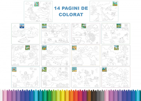 Carte Educativa pentru Copii FizioTab®, Tip Caiet cu Spirala, 600 + Stickere Reutilizabile, 13 Scene, 14 Pagini cu Imagini de Colorat si Desenat, Creioane Colorate Incluse, Habitatul Animalelor [14]