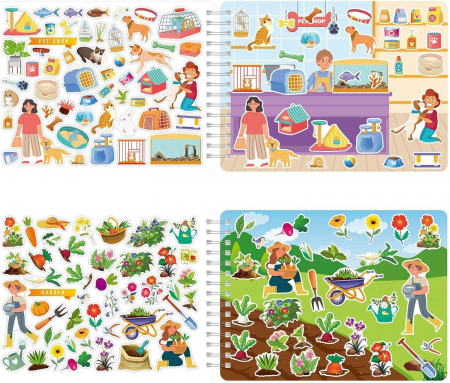 Carte Educativa pentru Copii FizioTab®, Tip Caiet cu Spirala, 600 + Stickere Reutilizabile, 13 Scene, 14 Pagini cu Imagini de Colorat si Desenat, Creioane Colorate Incluse, In Jurul Orasului [10]