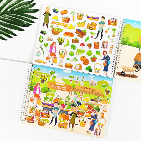 Carte Educativa pentru Copii FizioTab®, Tip Caiet cu Spirala, 600 + Stickere Reutilizabile, 13 Scene, 14 Pagini cu Imagini de Colorat si Desenat, Creioane Colorate Incluse, In Jurul Orasului [9]