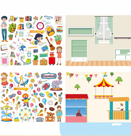 Carte Educativa pentru Copii FizioTab®, Tip Caiet cu Spirala, 600 + Stickere Reutilizabile, 13 Scene, 14 Pagini cu Imagini de Colorat si Desenat, Creioane Colorate Incluse, In Jurul Orasului [14]