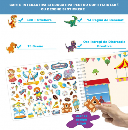 Carte Educativa pentru Copii FizioTab®, Tip Caiet cu Spirala, 600 + Stickere Reutilizabile, 13 Scene, 14 Pagini cu Imagini de Colorat si Desenat, Creioane Colorate Incluse, In Jurul Orasului [2]
