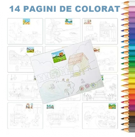 Carte Educativa pentru Copii FizioTab®, Tip Caiet cu Spirala, 600 + Stickere Reutilizabile, 13 Scene, 14 Pagini cu Imagini de Colorat si Desenat, Creioane Colorate Incluse, In Jurul Orasului [7]