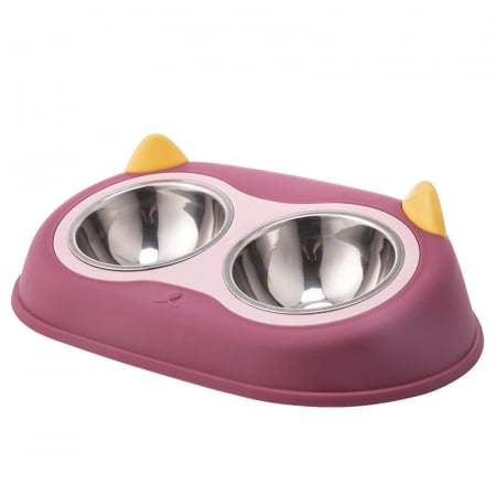 Castroane si boluri animale - Castron cu 2 boluri FizioTab® si 2 Pungi Igienice, pentru Pisici si Caini de talie Mica, pentru Mancare si Apa, Antiderapant, Roz cu Urechiuse Galbene