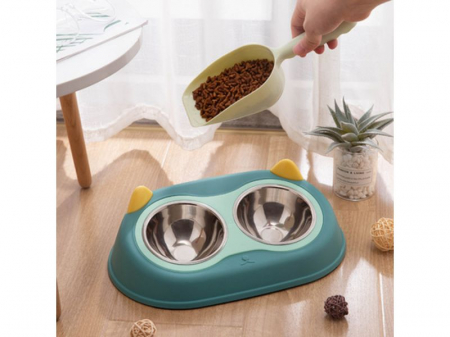 Castron cu 2 boluri FizioTab® si 2 Pungi Igienice, pentru Pisici si Caini de talie Mica, pentru Mancare si Apa, Antiderapant, Verde cu Urechiuse Galbene [1]