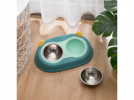 Castron cu 2 boluri FizioTab® si 2 Pungi Igienice, pentru Pisici si Caini de talie Mica, pentru Mancare si Apa, Antiderapant, Verde cu Urechiuse Galbene [2]