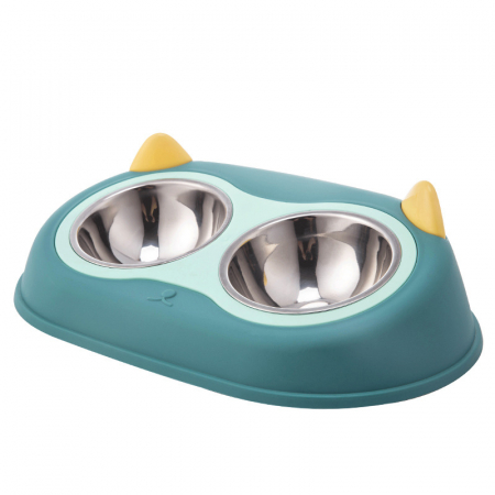 Castroane si boluri animale - Castron cu 2 boluri FizioTab® si 2 Pungi Igienice, pentru Pisici si Caini de talie Mica, pentru Mancare si Apa, Antiderapant, Verde cu Urechiuse Galbene