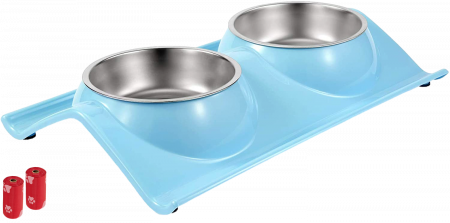 Castroane si boluri animale - Castron Hranire cu 2 Boluri Inox, FizioTab® – Pentru Caini de Talie Mica si Pisicute, Albastru