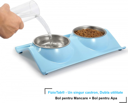 Castron Hranire cu 2 Boluri Inox, FizioTab® – Pentru Caini de Talie Mica si Pisicute, Albastru [1]