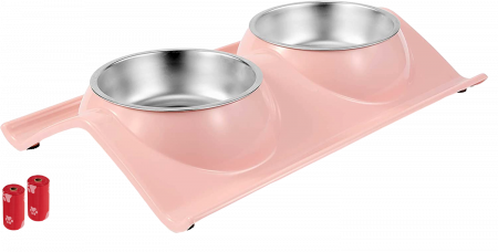 Castroane si boluri animale - Castron Hranire cu 2 Boluri Inox, FizioTab® – Pentru Caini de Talie Mica si Pisicute, Roz