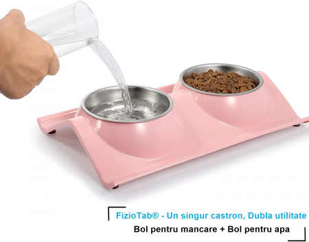 Castron Hranire cu 2 Boluri Inox, FizioTab® – Pentru Caini de Talie Mica si Pisicute, Roz [1]