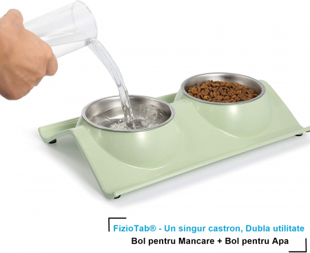 Castron Hranire cu 2 Boluri Inox, FizioTab® – Pentru Caini de Talie Mica si Pisicute, Verde [1]