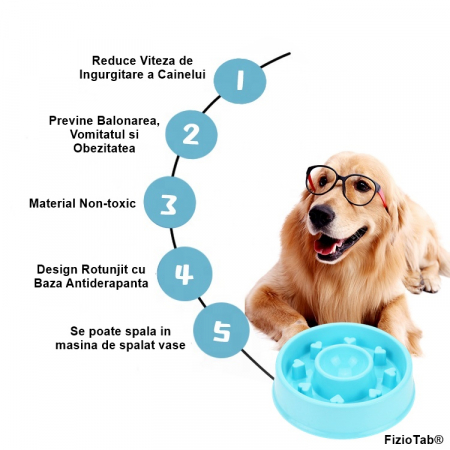 Castron Hranire Lenta Caini FizioTab®, pentru Prevenirea Indigestiei, Antiderapant, Love, Albastru [7]