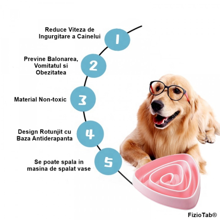 Castron Hranire Lenta Caini FizioTab®, pentru Prevenirea Indigestiei, Slow Feed Bowl Interactiv, Roz [3]