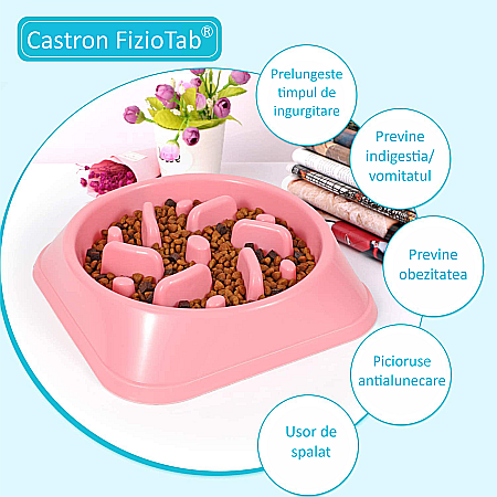 Castron Hranire Lenta pentru Caini, Pentru Prevenirea Indigestiei, Slow Feed Bol Interactiv FizioTab®, Roz [5]
