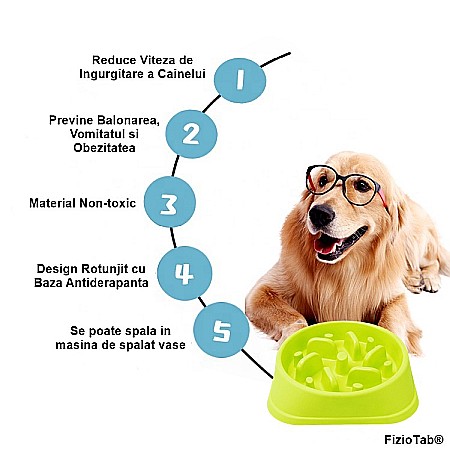 Castron Hranire Lenta pentru Caini, Pentru Prevenirea Indigestiei, Slow Feed Bol Interactiv FizioTab®, Verde [6]