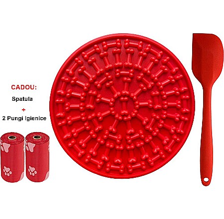 Covoras Hranire Licky Mat, FizioTab® pentru Caini si Pisici, Impotriva Anxietatatii si Plictiselii, 15x15X1 cm, Rosu, Cadou Spatula si 2 Pungi Igienice [6]