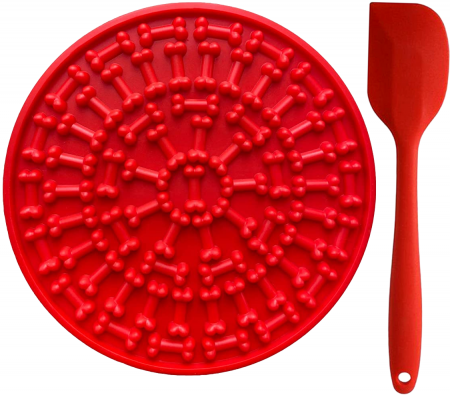 Castroane si boluri animale - Covoras Hranire Licky Mat, FizioTab® pentru Caini si Pisici, Impotriva Anxietatatii si Plictiselii, 15x15X1 cm, Rosu, Cadou Spatula si 2 Pungi Igienice