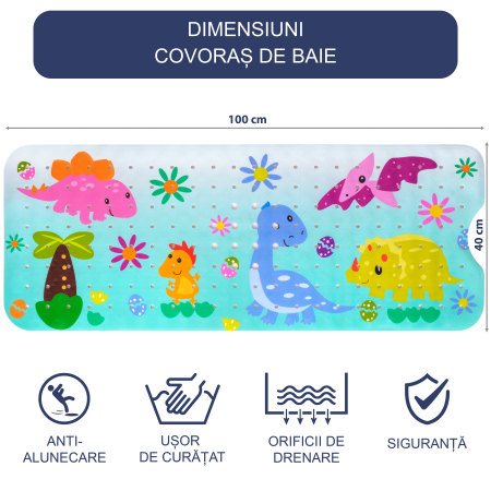 Covoras pentru cada, anti-alunecare, FizioTab®, 100×40 cm, Dinozauri [3]