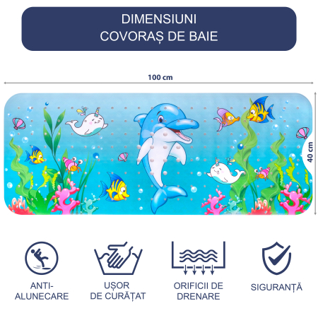 Covoras pentru cada, anti-alunecare, FizioTab®, 100x40 cm, Multicolor, Delfin [3]