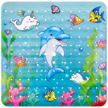 Covorase cada copii - Covoras pentru dus antiderapant FizioTab®, 53x53 cm, Multicolor, Delfin