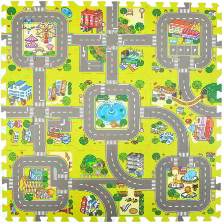 Bebe&Copii - Covoras Puzzle FizioTab® din Spuma EVA, 9 Piese, Imprimeu Stradal si Animale, 90x90 cm