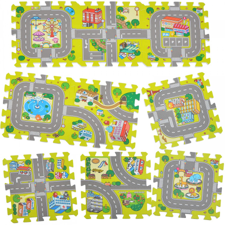 Covoras Puzzle FizioTab® din Spuma EVA, 9 Piese, Imprimeu Stradal si Animale, 90x90 cm [1]
