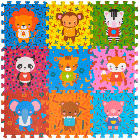 Covorase puzzle - Covoras Puzzle FizioTab® din spuma EVA, 9 piese, Model Animale, 86x86 cm