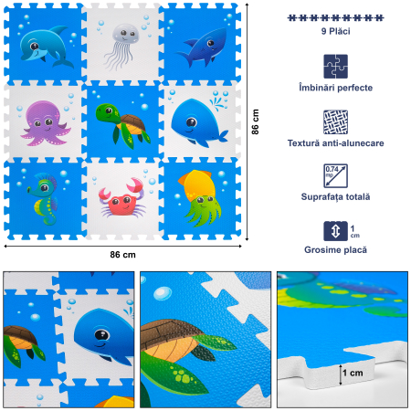 Covoras Puzzle FizioTab® din spuma EVA, 9 piese, Model Ocean, Delfin, 86x86 cm [2]