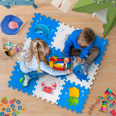 Covoras Puzzle FizioTab® din spuma EVA, 9 piese, Model Ocean, Delfin, 86x86 cm [1]