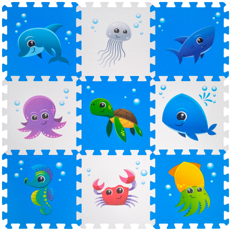 Covorase puzzle - Covoras Puzzle FizioTab® din spuma EVA, 9 piese, Model Ocean, Delfin, 86x86 cm