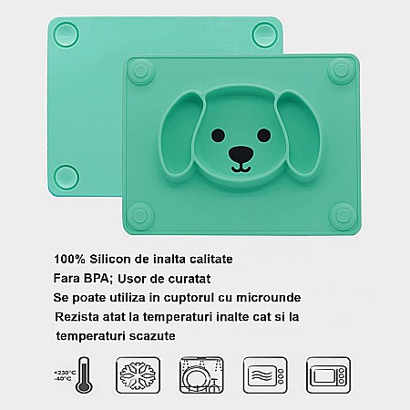 Farfurie compartimentata din silicon FizioTab®, bol de invatare pentru copii cu ventuze, forma catelus, 25.5 cm X 19.5 cm, Verde [5]